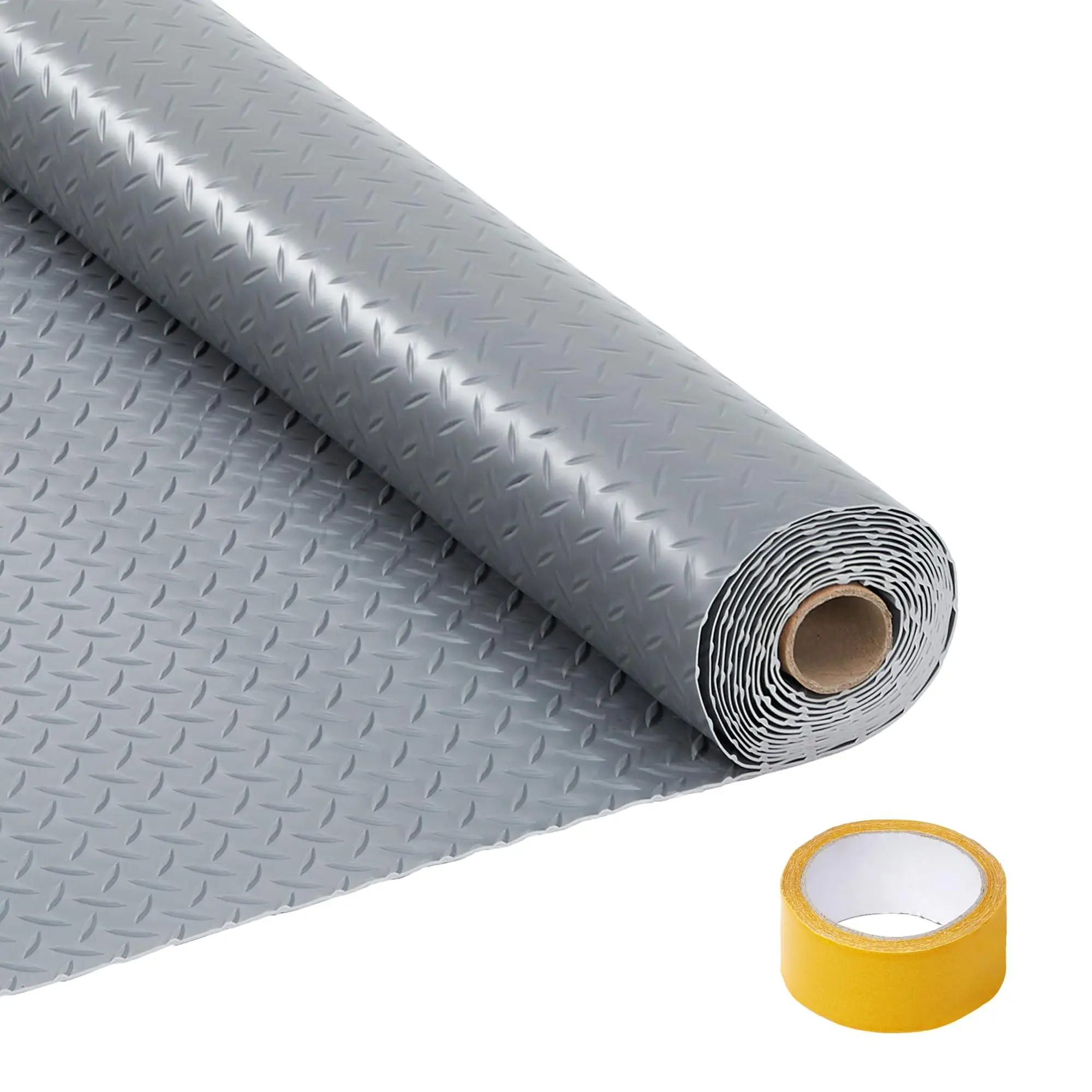 Heavy Duty PVC Garage Floor Cover with Diamond Tread Pattern, Oil and Stain Resistant, Non Slip Protective Mat for Car and Workshop, Includes Double Sided Tape