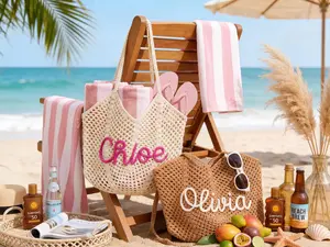 Personalized Crochet Beach Tote Bag, Custom Name Cotton Yarn Handmade Beach Bag, Lightweight Breathable Travel Tote