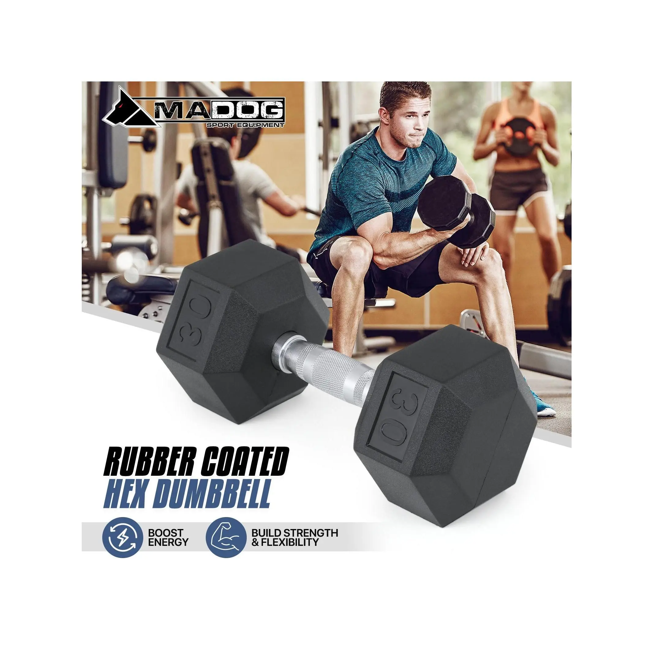 Sports season  MADOG 30 LB Single Free Weight Black Rubber Coated Hex Dumbbell Ergonomic Steel Handle Strength Training Full Body Workout Outdoor agility training