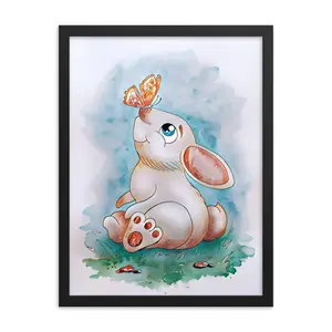 ZUMBUYS Adorable Rabbit & Butterfly Framed Artwork - Lightweight Matte Print for Nursery Wall Decoration - High-Quality 10 Mil Paper & Exotic Wood Frame - Ready to Hang - Ornaments