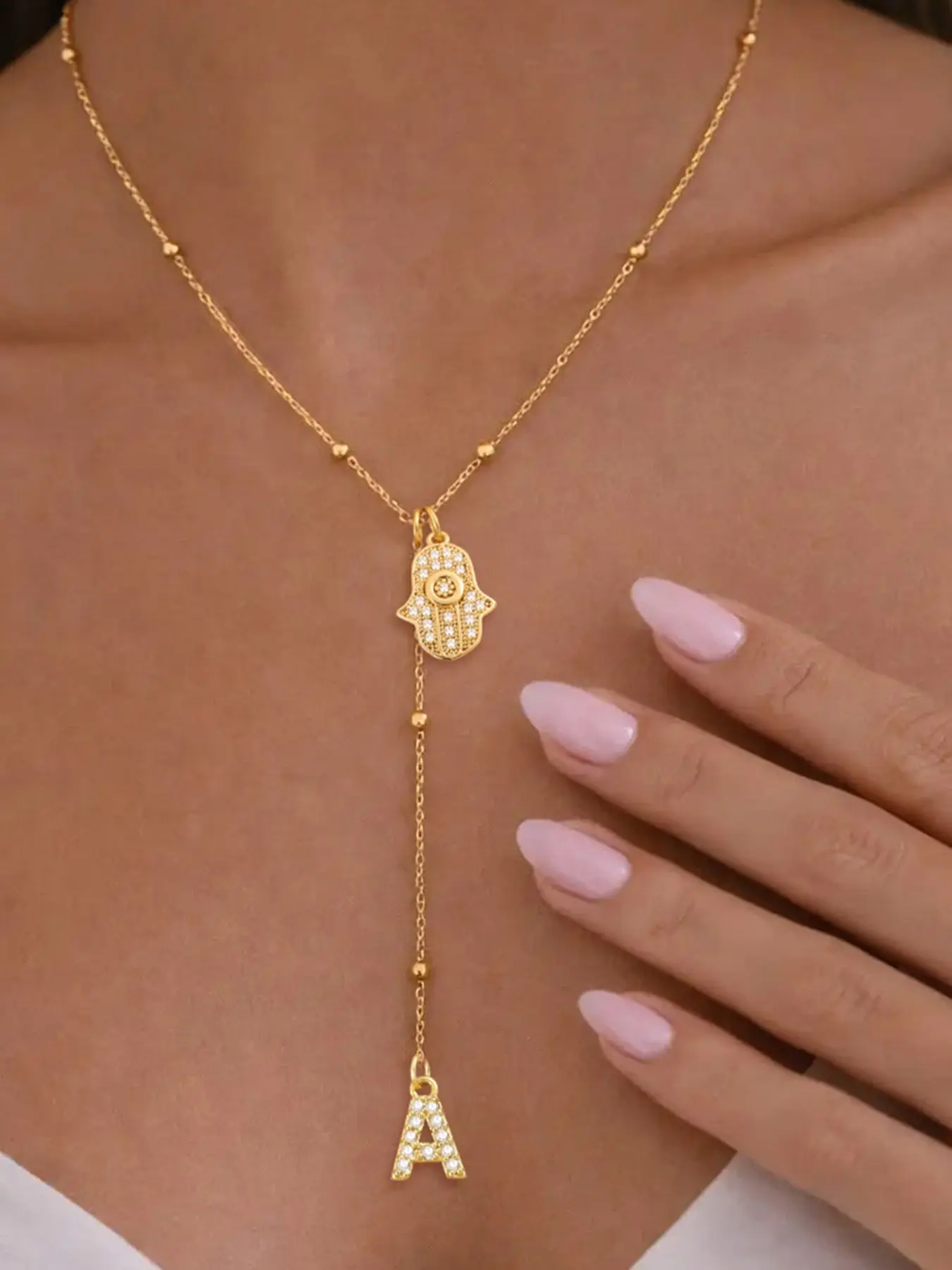Women's Classic Stainless Steel Necklace, Zirconia Hamsa Hand Letter Pendant, Casual Style All Season Jewelry