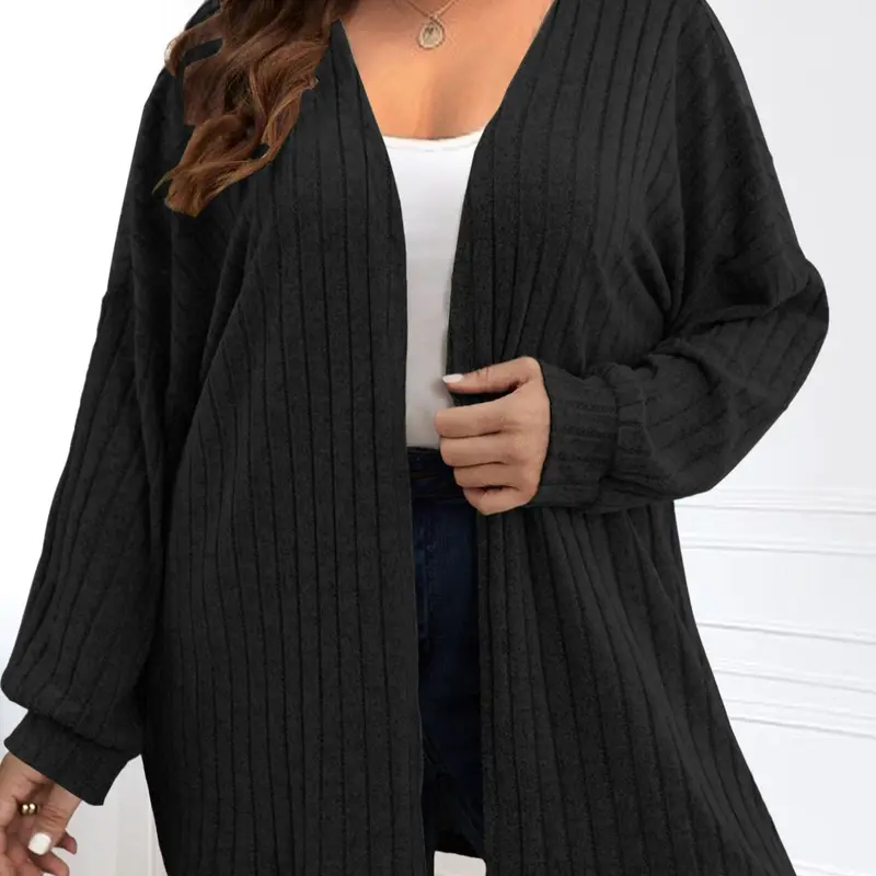 【Plus Size】 Solid Drop Shoulder Long Sleeve Knitwear Cardigan, Casual Open Front Soft Knit Rib Cardigan for Fall & Winter, Lady Women's Plus Clothing for Daily Wear, Womenswear, Knitted Casual Clothing