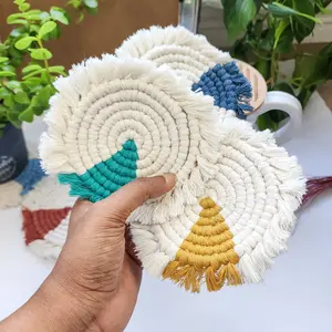 Macrame Color Block Coasters, Handwoven round Cotton Coaster