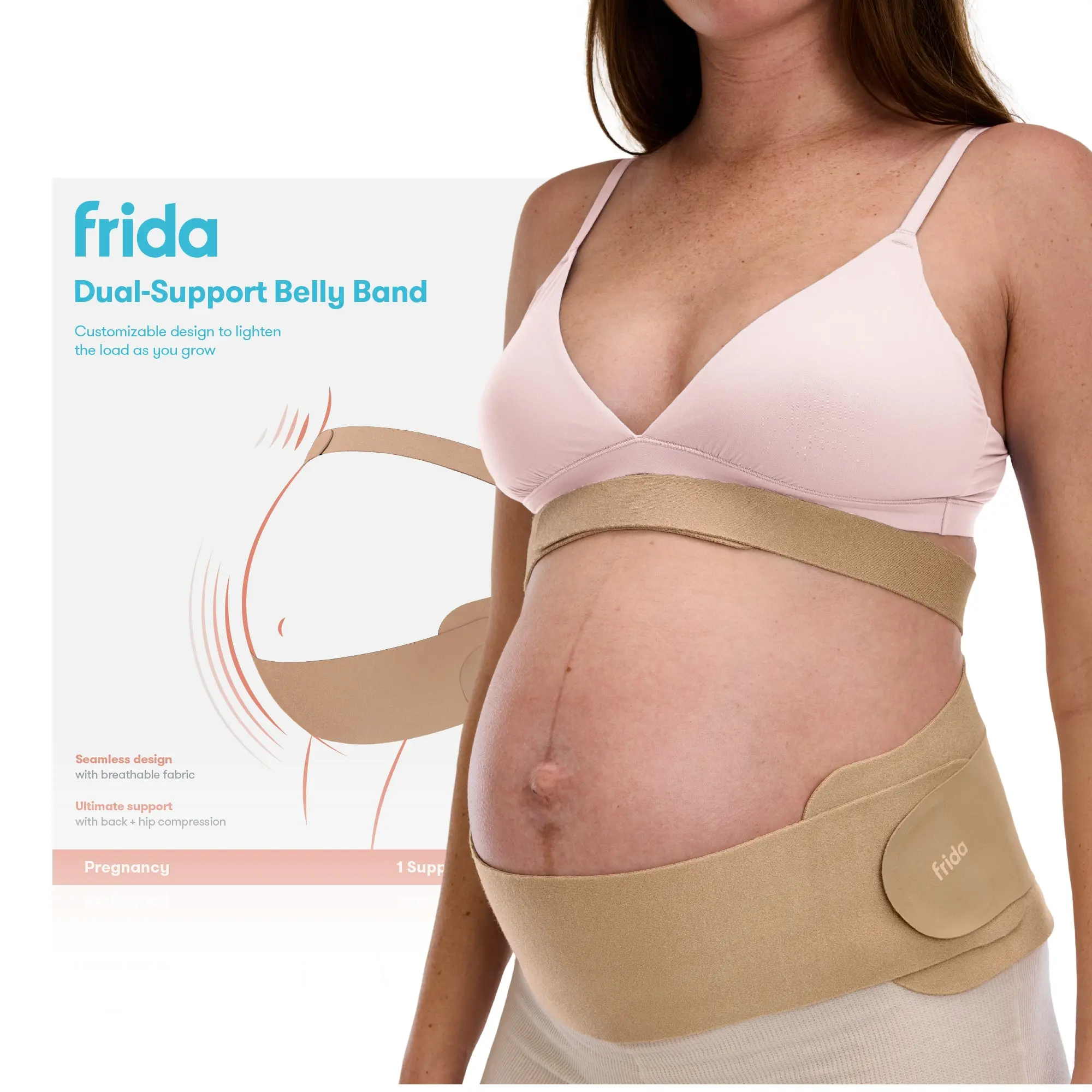Frida Mom Dual Support Pregnancy Belly Band S/M, Maternity Belly Band with Ultimate Support Back, Hip & Pelvic, Adjustable, Lightweight, Breathable & Comfy, Supports Bump as Baby Grows