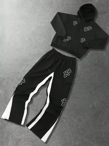 High Street Trendy Cross Mark Two-Piece Set, & Block Patchwork Hoodie Pants, Loose Casual Lazy Style, Fall & Winter