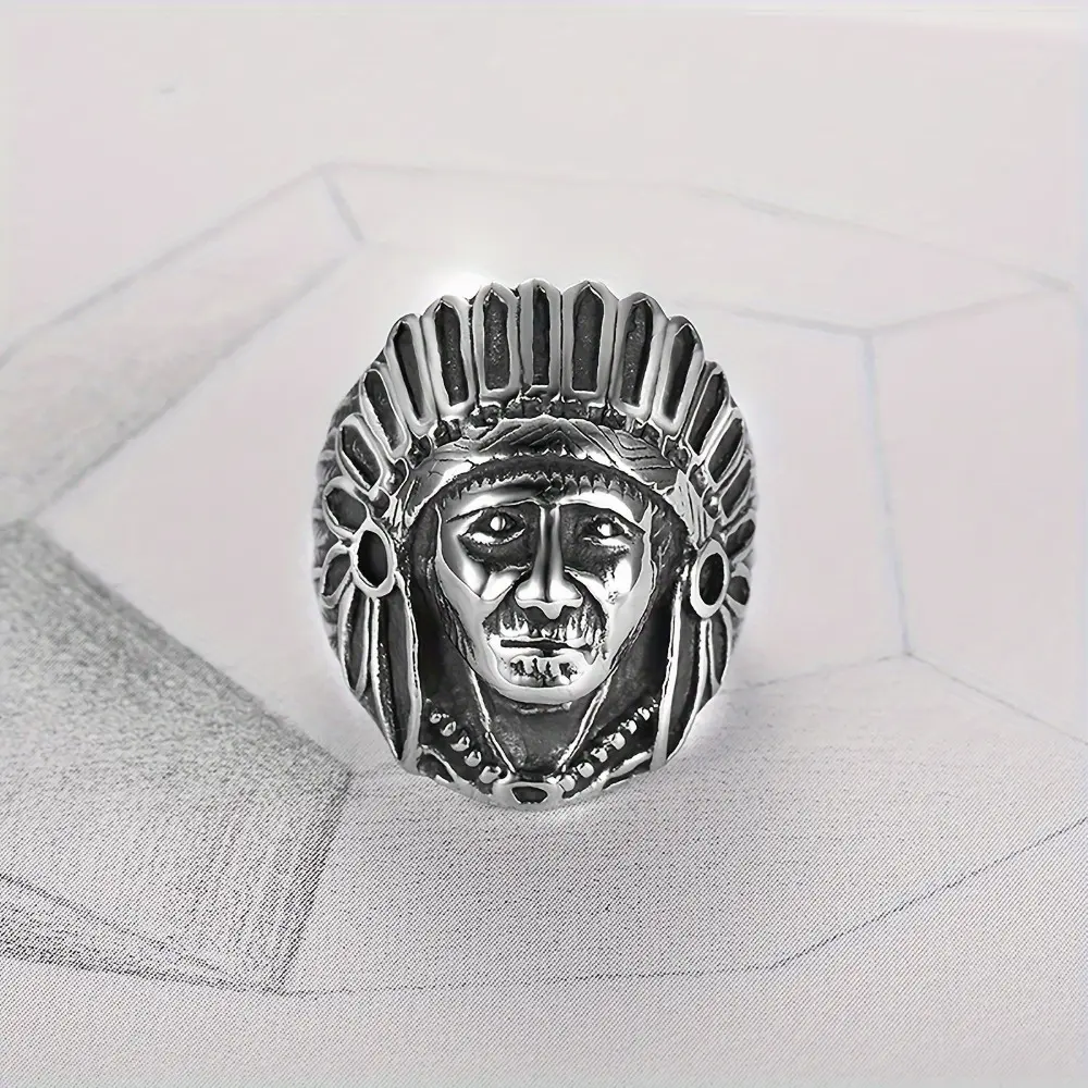 Men's Vintage Stainless Steel Indian Portrait Ring - Ornate Traditional, Indigenous-Inspired, Alternative Artistic Fashionable Jewelry Ring, Ethnic Costume Accessory, Jewelry Rings
