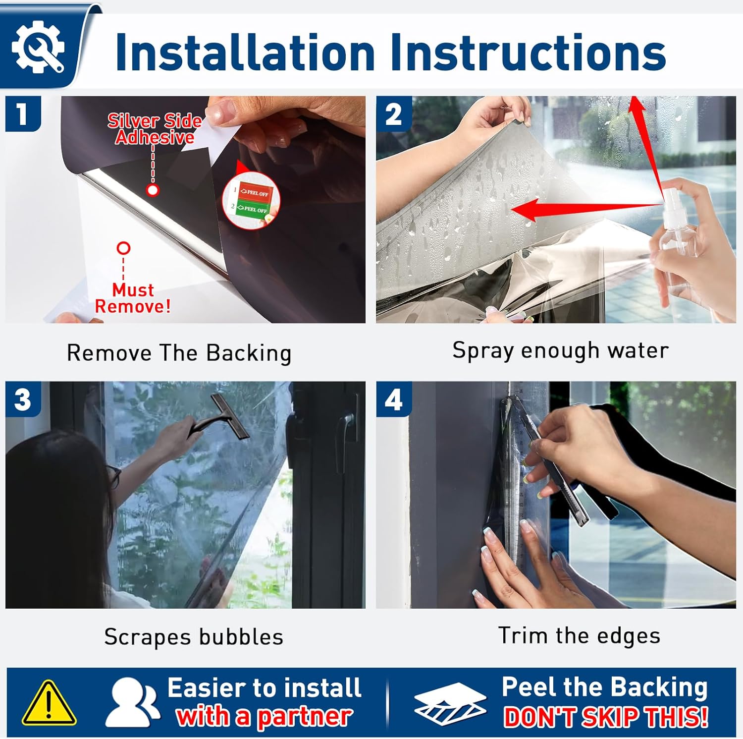 One Way Privacy Window Film with Tools, Window Tint Adhesive Shatterproof Film for Home, Premium PET Heat Control Daytime Reflective Mirror Coverings, Black, 17.5 x 78.7 Inch