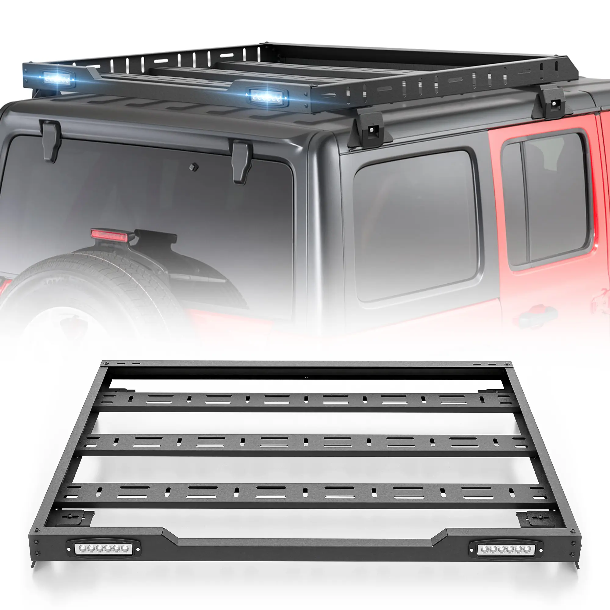 【Yzona】Metal Frame Roof Rack Cargo Basket with LED Light Bars, Rack System for 2007-2026 Jeep Wrangler JK/JL Series Unlimited & Gladiator JT 2/4 Door Hardtop, Utility Look Cargo Carry Holder