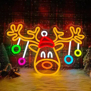 Christmas Elk Neon Sign Reindeer Antlers Coloured Lamp for Holiday Decoration Dimmable Elk LED Light for Bedroom Window Home Party Decor Kids Gift