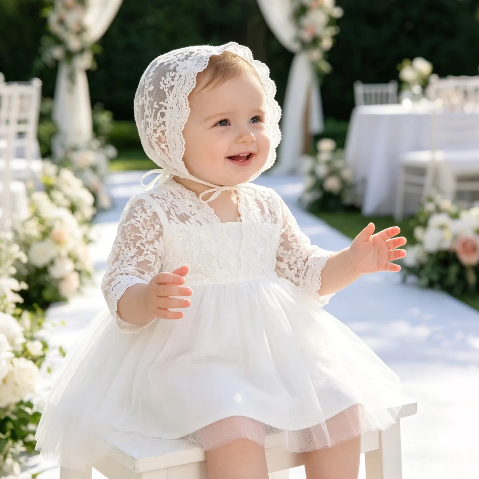 Baby Girls White Christening Baptism Gown Dresses with Bonnet Lace Embroidery Tulle Flower Girl Gown with Big Bow Formal Pageant Birthday Wedding Guest Outfit for Newborn Infant Baby Clothing
