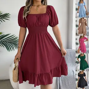 Women's Aesthetic Fit Lady Midi Dress - Square Neck, Puff-Sleeve/Short-Sleeve Options, Waist Smocked, A-Line Flowy Ruffle Hem, Lightweight Fabric for Summer Soccer Game Vibe