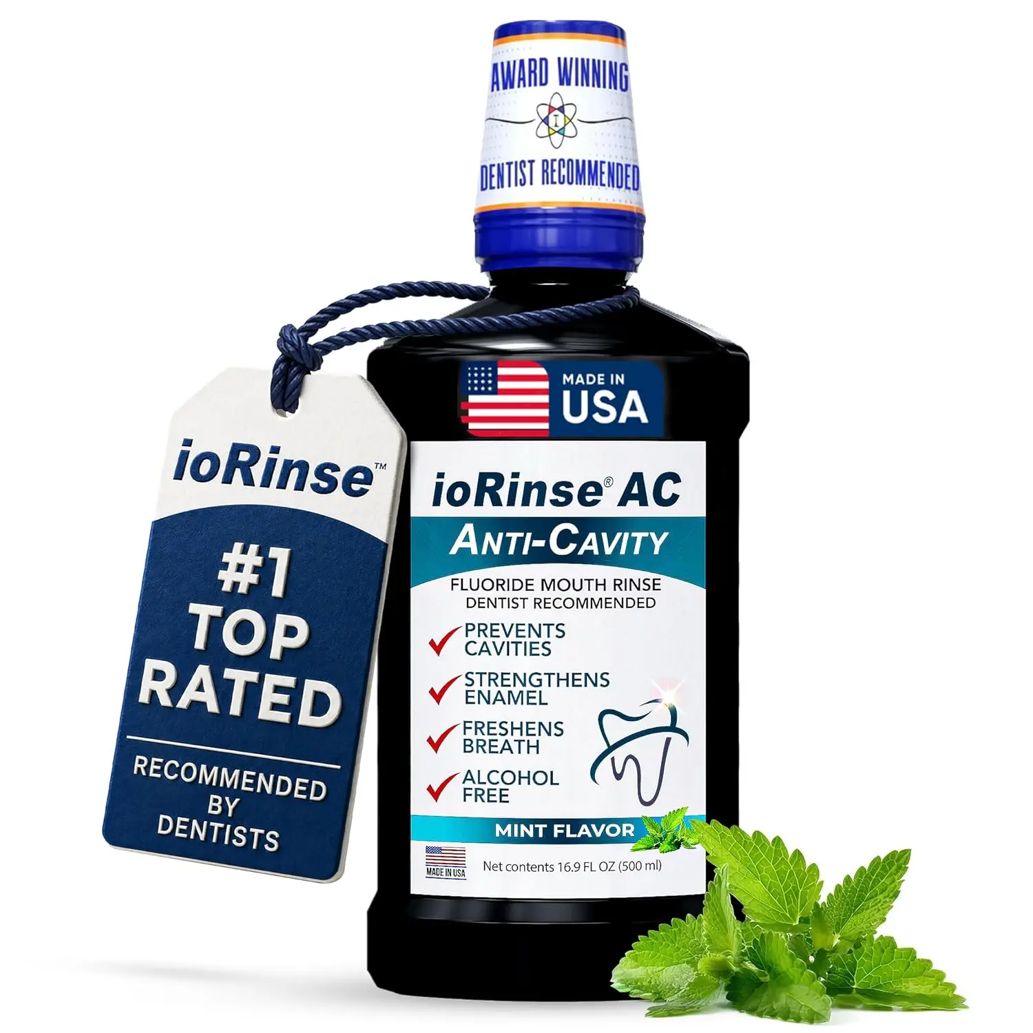 ioRinse AC Anticavity Fluoride Mouthwash – Alcohol-Free Molecular Iodine Rinse that Fights Tooth Decay & Helps Protect Enamel, Gentle Mint for Sensitive Mouths, Fresh Breath Protection, 16.9 fl oz