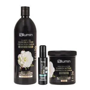 Blumin Activated Charcoal Kit - Shampoo 1000ml + Mask 700ml With Camellia Extract + Gold Protein For Fine Hair Styling Cream 100ml