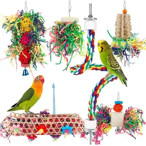 Foraging Bird Toys for Parakeets, Shredding Bird Toy with Rope Perch for Conures Cockatiels Budgies Lovebirds, Natural Shredder Toy for Mental Stimulation & Foraging Instinct, Colorful Bird Cage Accessories