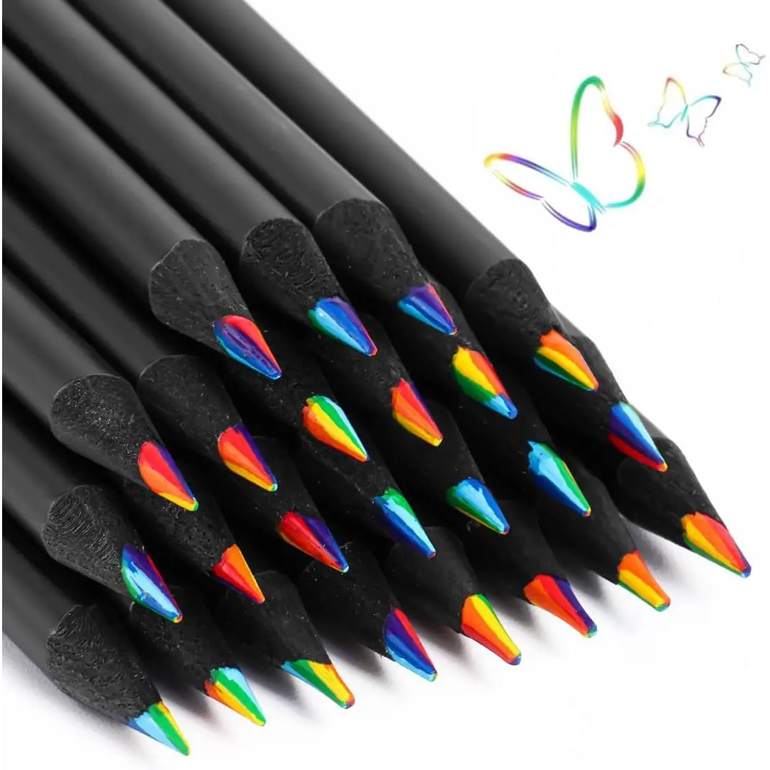12 count Rainbow Pencils with Sharpener, 7 Color in 1, Black Wooden, Art Supplies for  & Adults, Birthday Pencils