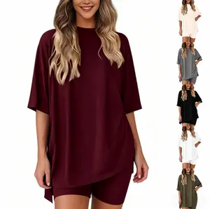 Women's 2-Piece Lounge Set - Oversized Side-Slit T-Shirt & High Waist Biker Shorts Outfit