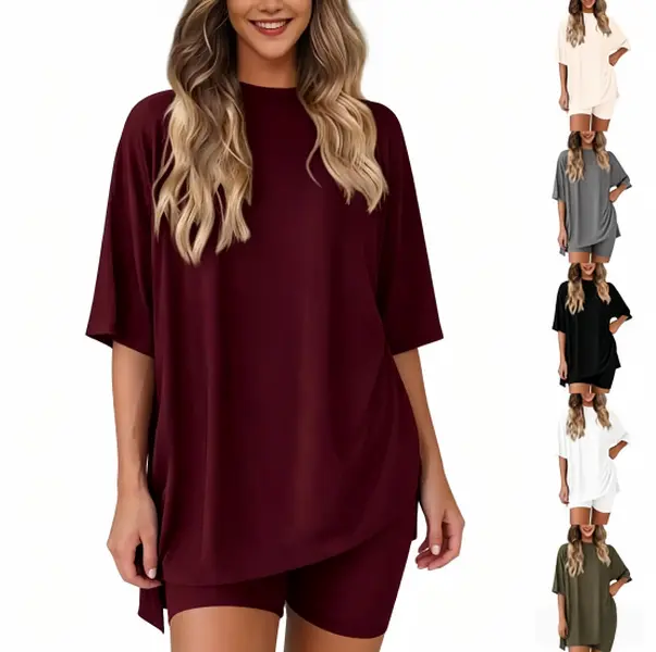 Women's 2-Piece Lounge Set - Oversized Side-Slit T-Shirt & High Waist Biker Shorts Outfit