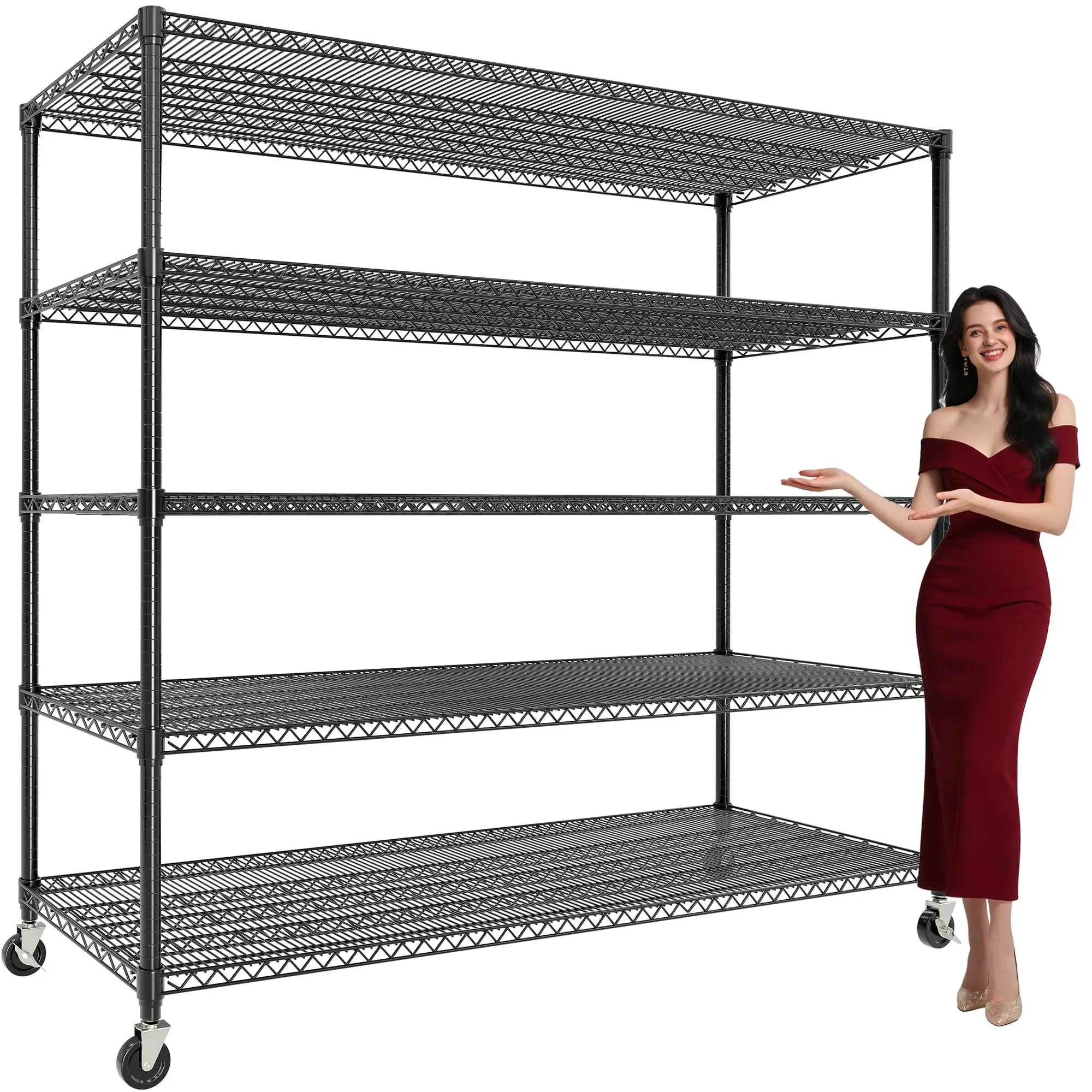 Gaomon 5-Tier Industrial Heavy-Duty Carbon Steel Utility Rack with Lockable 4" Wheel Casters, Height-Adjustable Wire Rolling Storage Shelf for Garage, Warehouse