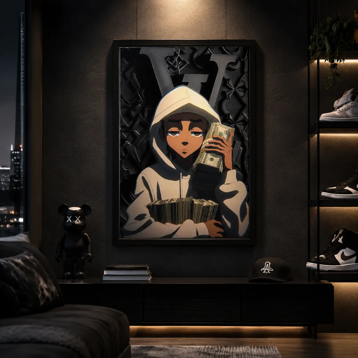 Riley Freeman's Money-Themed Canvas Wall Art "A Stack of Cash", Masculine Space Decor for Hip-Hop and Anime Fans, Modern Room Canvas Poster Wall Decor, Money Wall Art, Hip Hop Room Decor, Man Cave Decor, Boys Room Decor