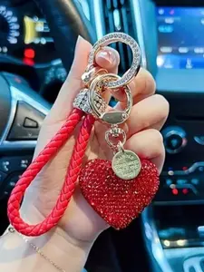 Rhinestone Heart Rope Bag Pendants, Braided Leather Bag Chain Charms, Crystal-Encrusted Bag Charm Pendants, Trendy Bag Charms, Bag Decoration Keychain, Sparkling Bag Pendant for Car Keys & Handbags