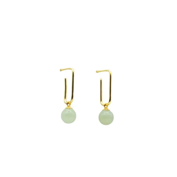 Pin — Green Jade Bead Gold Earrings