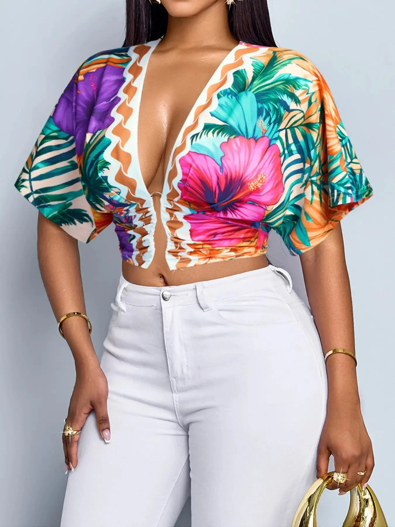 Women's Tropical Floral Deep V Neck Button Short Blouse Top Casual Summer Vacation 2026