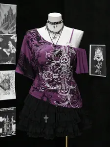 Sunspun Plus Size Women’s Asymmetrical Collar T-Shirt – Loose, Elegant Casual Short Sleeve Boho Top