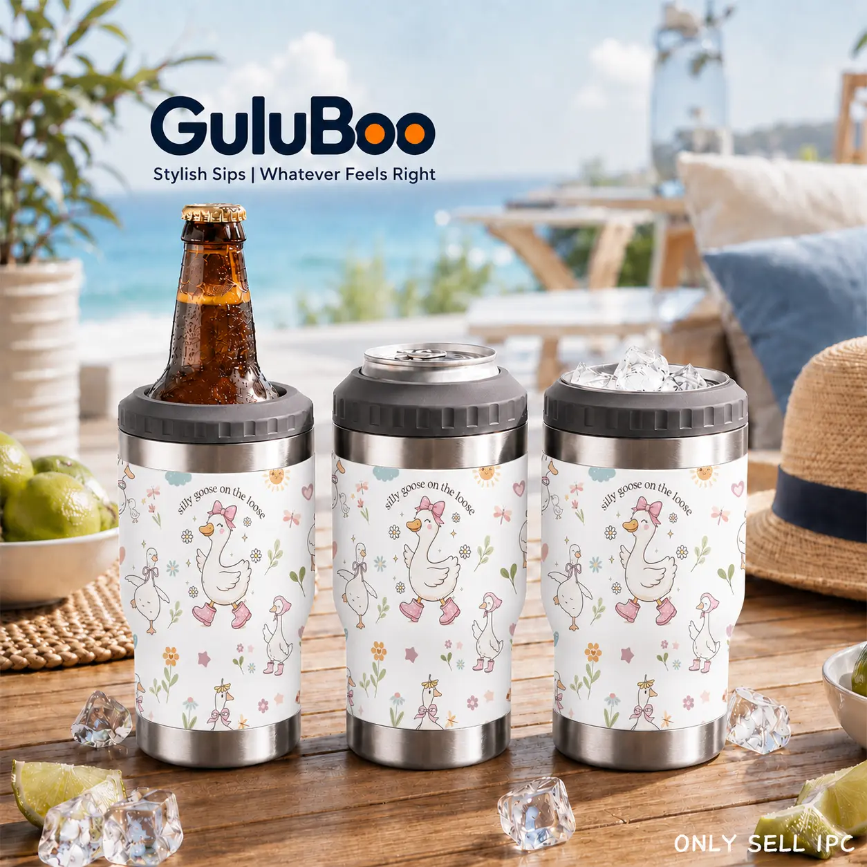 GuLuBoo 4-in-1 Cute Silly Goose Insulated Can Cooler Tumbler, 12oz Stainless Steel Double Wall Vacuum Flask Drinkware, 2 Lids & Built-in Bottle Opener,Hot Cold Drink Holder Fits All Cans & Bottles, Portable Coffee Cup & Travel Mug Holiday Gifts