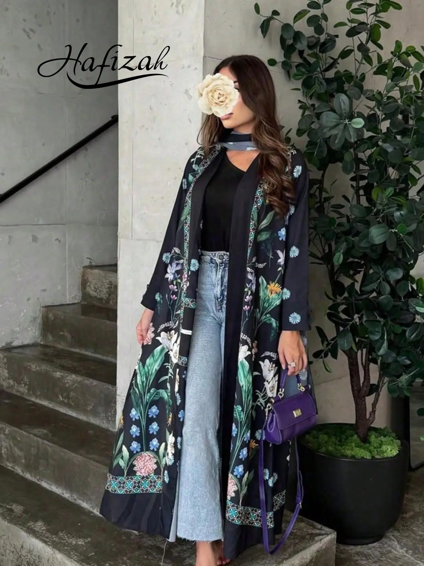 Hafizah Floral Print Loose Abaya Outerwear, Womenswear, Long Sleeve Elegant Coat, All-Over Print, Loose-Fitting, Suitable for All Seasons, Clothes, Elegance
