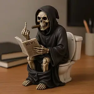 Death Figurine Statue for Toilet - Resin Craft Halloween Decoration, Spooky Skeleton Grim Reaper Toilet Ornament, Funny Gothic Bathroom Decor, Unique Small Present & Holiday Gift for Horror Lovers, Hand-Painted Durable Resin Art         ？ ？