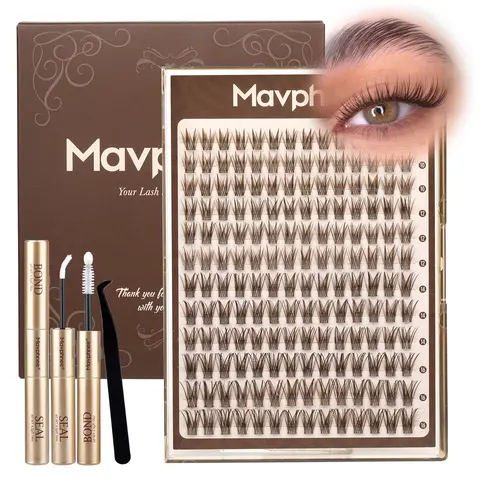 Mavphnee Brown Natural Lash Clusters DIY Lash Extension Kit - 0.07 mm, Soft Vibe, Lightweight CC Curl, 10-16mm Mixed Lengths, Transparent Band, for Blondes, Daily Wear, Bigger Bright Eyes