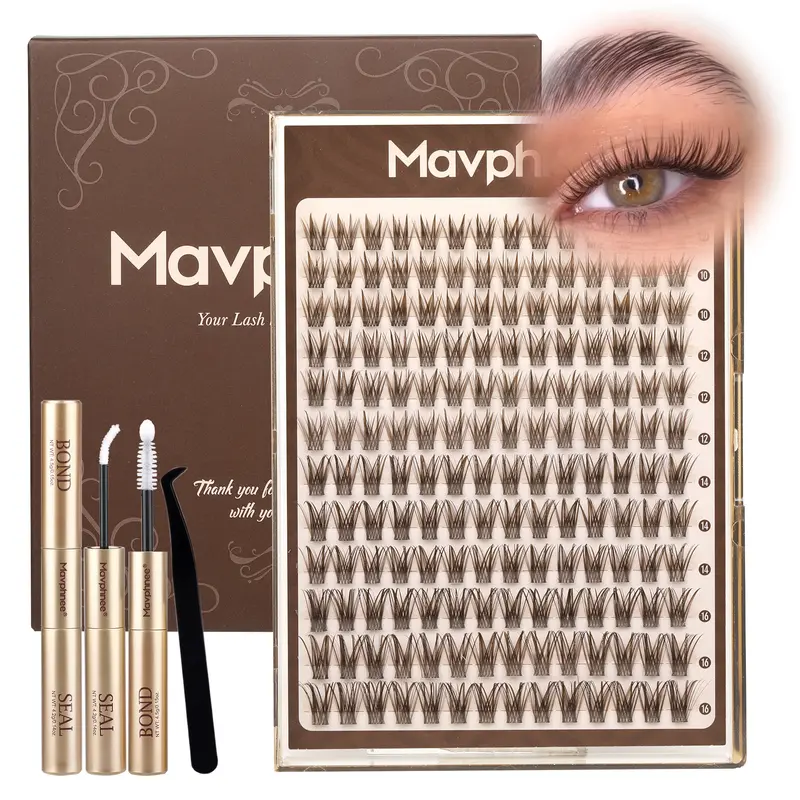 Mavphnee Brown Natural Lash Clusters DIY Lash Extension Kit - 0.07 mm, Soft Vibe, Lightweight CC Curl, 10-16mm Mixed Lengths, Transparent Band, for Blondes, Daily Wear, Bigger Bright Eyes