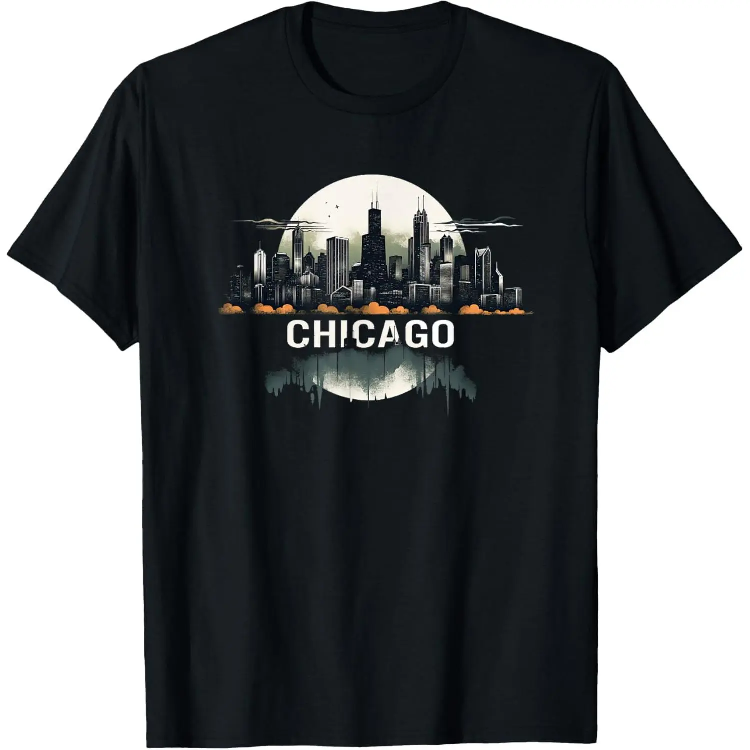 Men's Casual Natural Soft Cotton Round Neck Short-Sleeve T-Shirt - Chicago City Downtown Skyline Graphic Streetwear Tshirt
