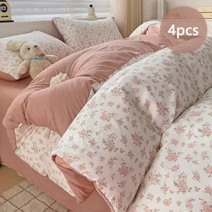 4-Piece Duvet Cover Set (Duvet Cover*1 + Flat Sheet*1 + Pillowcases*2) Light pink floral print duvet cover with zipper closure Solid-color flat sheet Green leaf-patterned duvet cover set Breathable Duvet Set Suitable for all seasons Bed Set