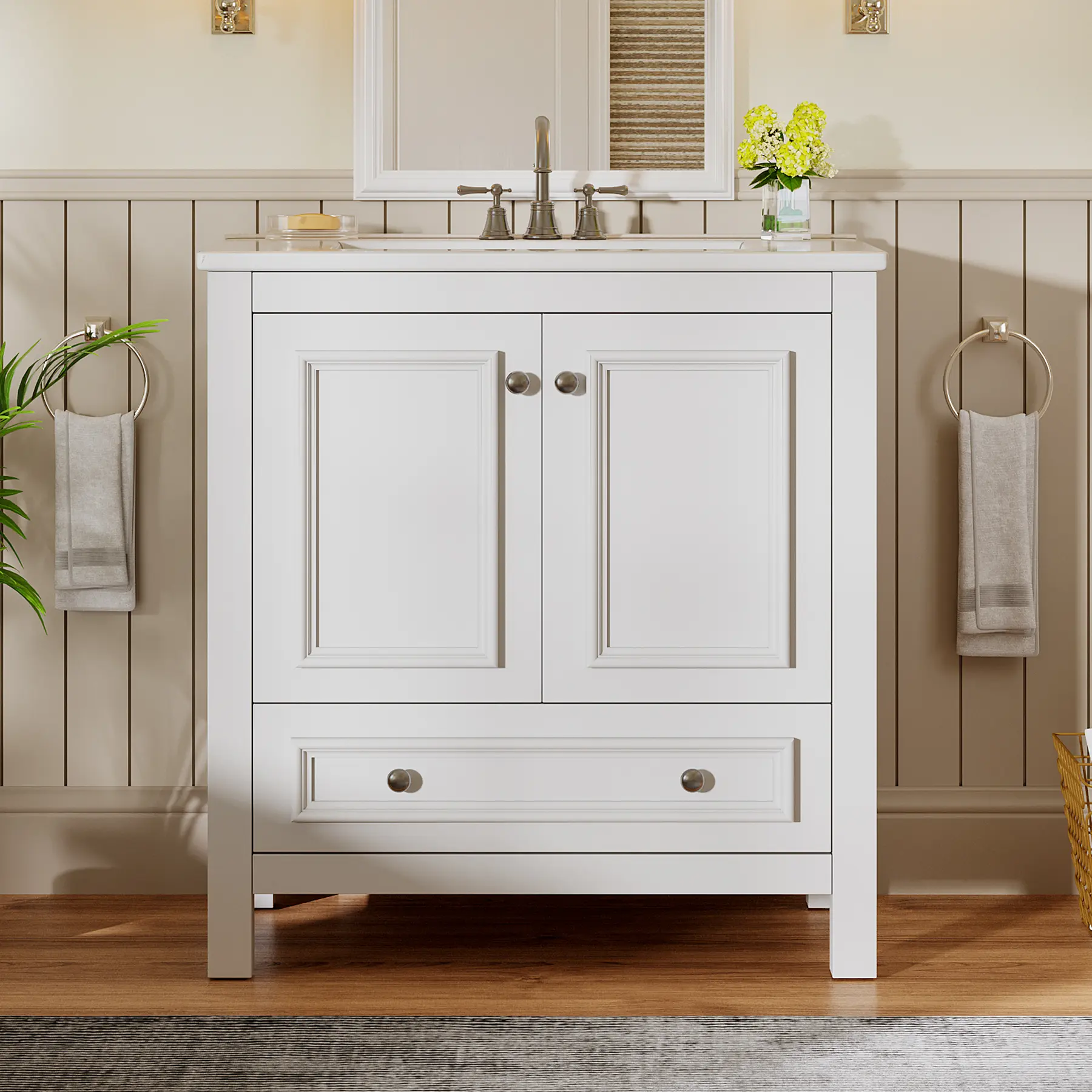 Tribesigns 30" Modern Bathroom Vanity with Sink, Freestanding Bathroom Vanities Cabinet with Ceramic Basin Combo, Bathroom Sink Cabinet with 2 Doors and 1 Drawer, Solid Wooden Frame homedecor