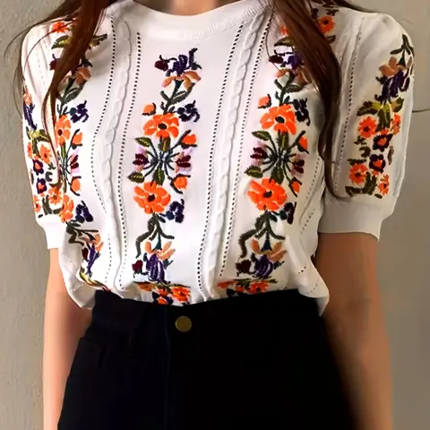[Plus Size] Floral Embroidery Short Sleeve Sweater Knitwear, Elegant Chic Round Neck Knit Top for Summer, Women's Plus Clothing for Daily Wear Knitting Womenswear, Knitted Tops, Floral Design Knit