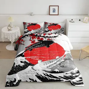 Mount Fuji Quilt,Japanese Style Koi Fish Duvet Insert,Ukiyo-E Theme Comforter Set,Mountain Cherry Blossom Red Sun Ink Painting Down Comforter