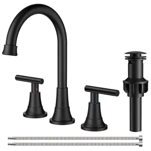 FORIOUS 8" Widespread Bathroom Faucet, Matte Black Dual-Handle, 360° Swivel Spout, w/Pop-Up Drain & Supplies, for RV/Vanity Sinks