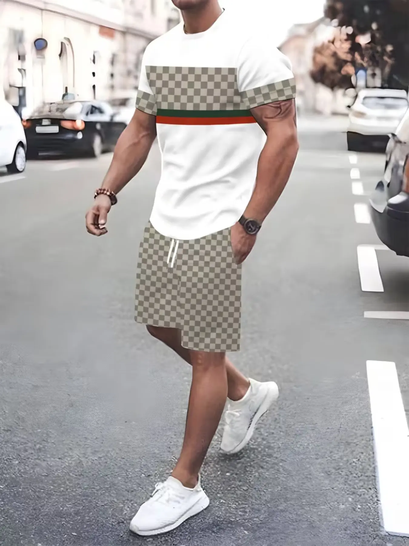 Men's Colorblock Plaid Print Two-Piece Set, Round Neck Short Sleeve T-Shirt & Drawstring Waist Shorts, Casual Summer Streetwear Outfit
