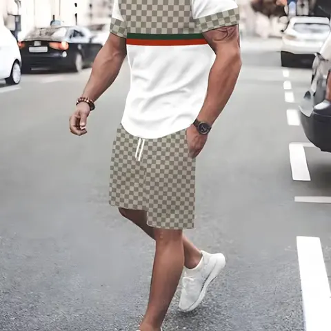 Men's Colorblock Plaid Print Two-Piece Set Round Neck Short Sleeve T-Shirt & Drawstring Waist Shorts, Casual Stylish Summer Streetwear Outfit, Fitted Set Outfit
