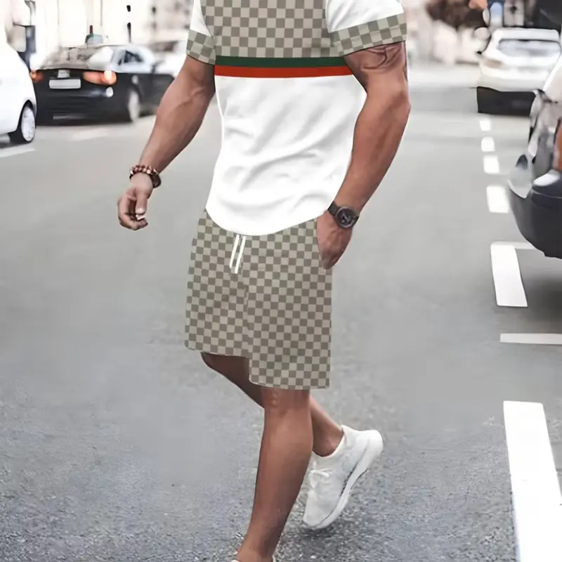 Men's Colorblock Plaid Print Two-Piece Set Round Neck Short Sleeve T-Shirt & Drawstring Waist Shorts, Casual Stylish Summer Streetwear Outfit, Fitted Set Outfit