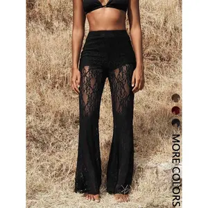 Women’s Valentine’s Day high-waisted lace knit pants, sexy sheer design, flared legs, elegant and fashionable for women, suitable for everyday wear GARMENTARY