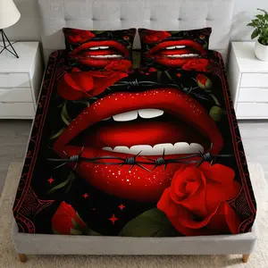2/3 Pcs Rose Thorny Lip PatternFitted Sheet Set Set(1*Fitted Sheet+1/2*Pillowcase,No Filling),High-Definition Digital Printing, Soft And Comfortable Fabric,Suitable For All Year Round, Perfect Gift For Family And Friends On Festivals!
