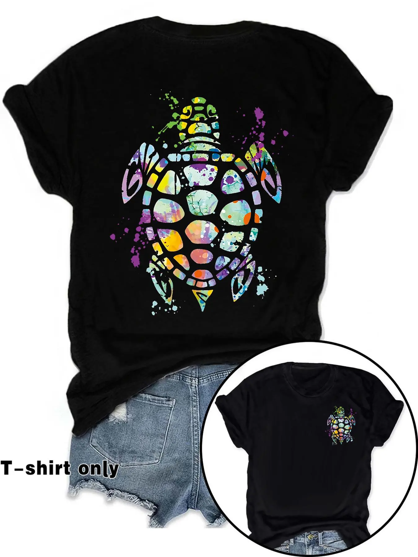 Women's Sea Turtle Print Round Neck Fitted Tee, Fashion Casual Crew Neck Short Sleeve T-shirt for Daily Holiday Vacation Outdoor Wear, Ladies Clothes for Summer