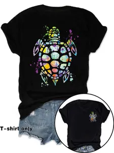 Women's Sea Turtle Print Round Neck Fitted Tee, Fashion Casual Crew Neck Short Sleeve T-shirt for Daily Holiday Vacation Outdoor Wear, Ladies Clothes for Summer