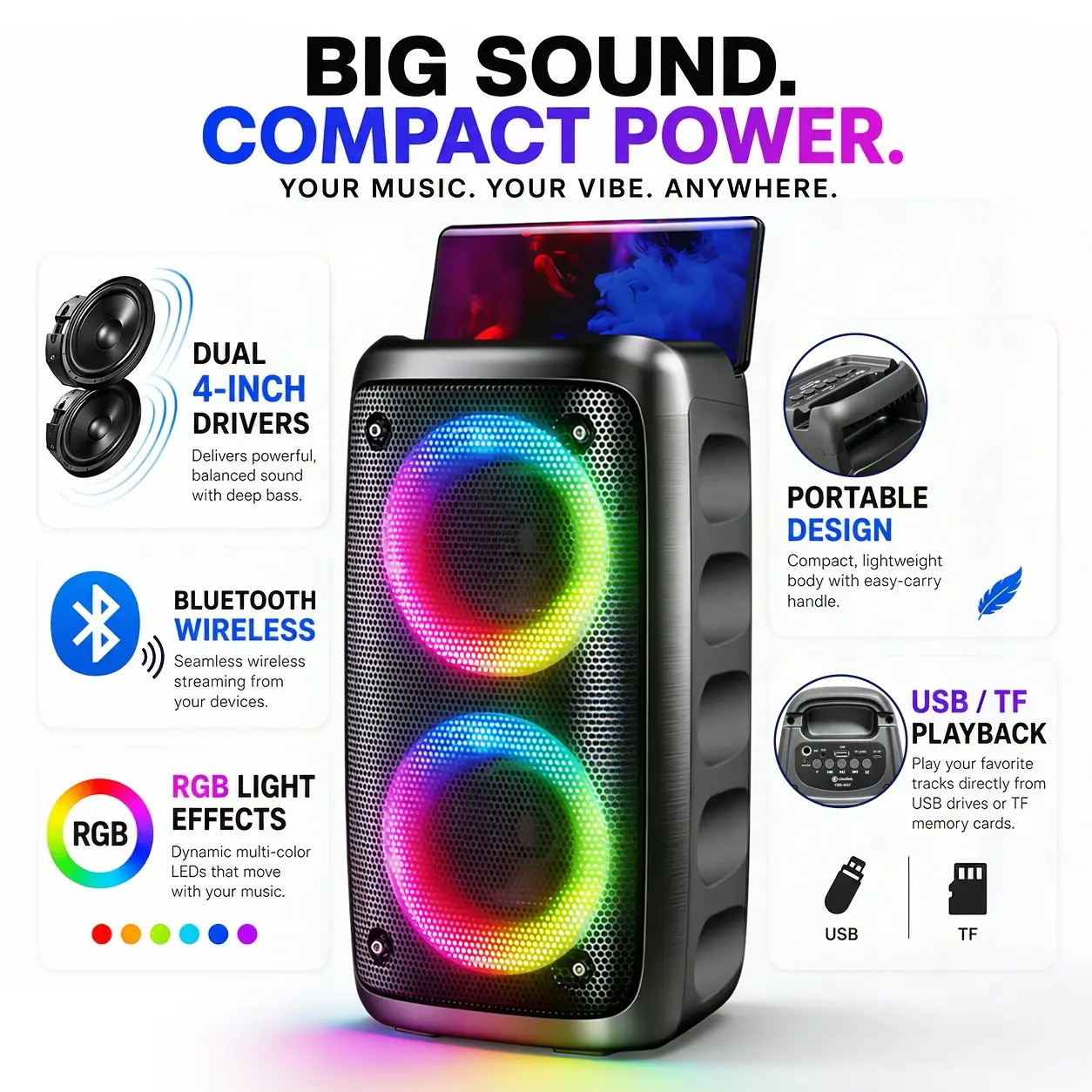 Portable Bluetooth Speaker, Bluetooth Party Speaker with Dual Speakers, RGB LED Lights, TWS Pairing, FM Radio, USB, AUX, Microphone Support, Guitar Input & Equalizer for Karaoke, Home & Outdoor