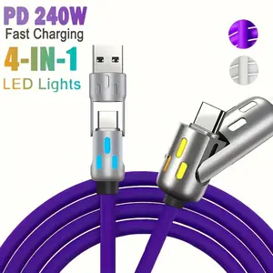 240W 4-in-1 Fast Charging Cable – PD 100W/120W/240W Multi-Connector Cord with RGB LED Light for iPhone, Android, Laptop – 6mm Thick Braided