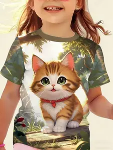 3D Cat Print Short Sleeve T-Shirt, Round Neck Cartoon Pattern Top, Summer Kids Fashion, Casual Loose-Fitting Tee