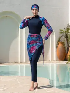 Women's Long Sleeve Plant Pattern Swimwear Set, Modest Swimsuits, Conservative Middle East Style Bikini Suit, Summer Beach Vacation Wear