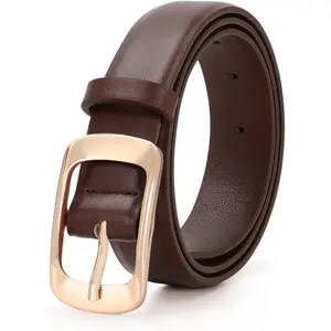 Women Leather Belts for Jeans Pants, Black/Brown Waist Dress Belts with Gold/Silver Buckles, Fit Sizes S to XL
